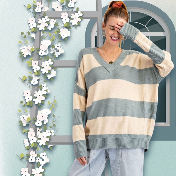 EASEL Wide Striped Sweater Ribbed Hems Wide Neckline Long Loose Fit Tunic Style - Picture 7 of 14